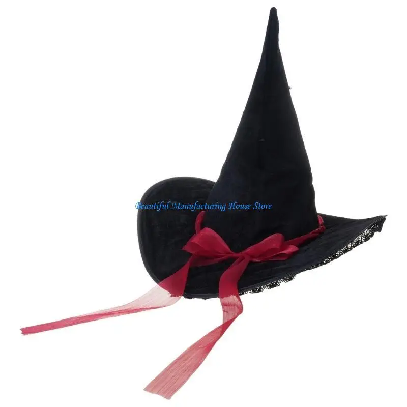 E56A Lolitas Witch Hat Wizard Cosplay Hat Adjustable Bows Hat Handmade Laces Hat