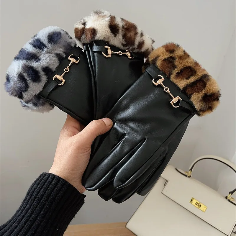 Women's Winter GlovesPUFur Mouth Fleece-lined Outdoor Windproof Riding Touch Screen Cold-Proof Warm Thickened Driving Leather