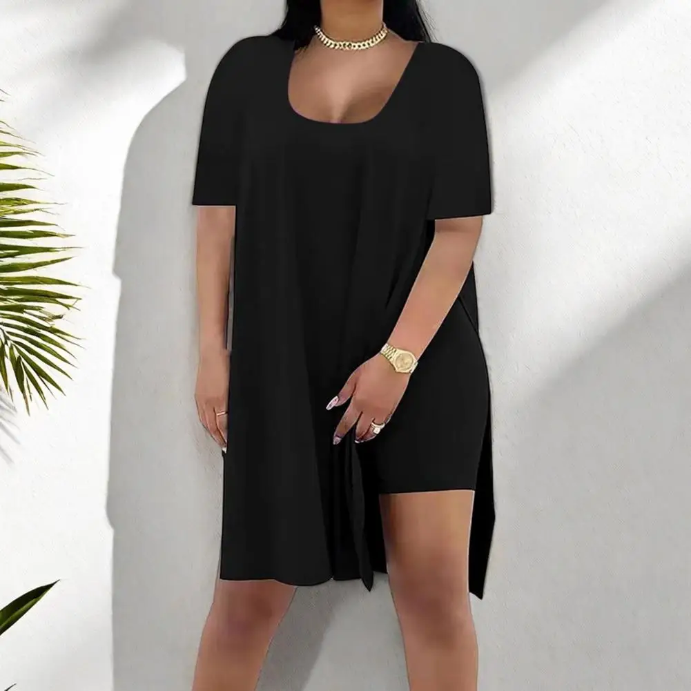 

Women Plus Size 2 Piece Outfits Side Split Short Sleeve Tunic Tops And Skinny Shorts Sets Summer Lounge Tracksuit