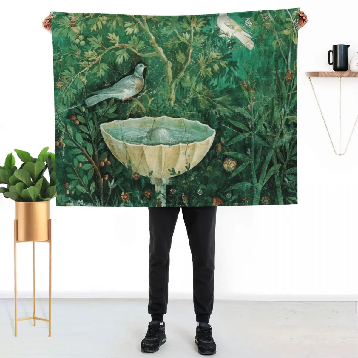 POMPEII COLLECTION,LITTLE BIRDS,DOVES AND FOUNTAININ GARDEN ,GREEN FLORAL Throw Blanket Travel Sofa Camping Heavy Blankets