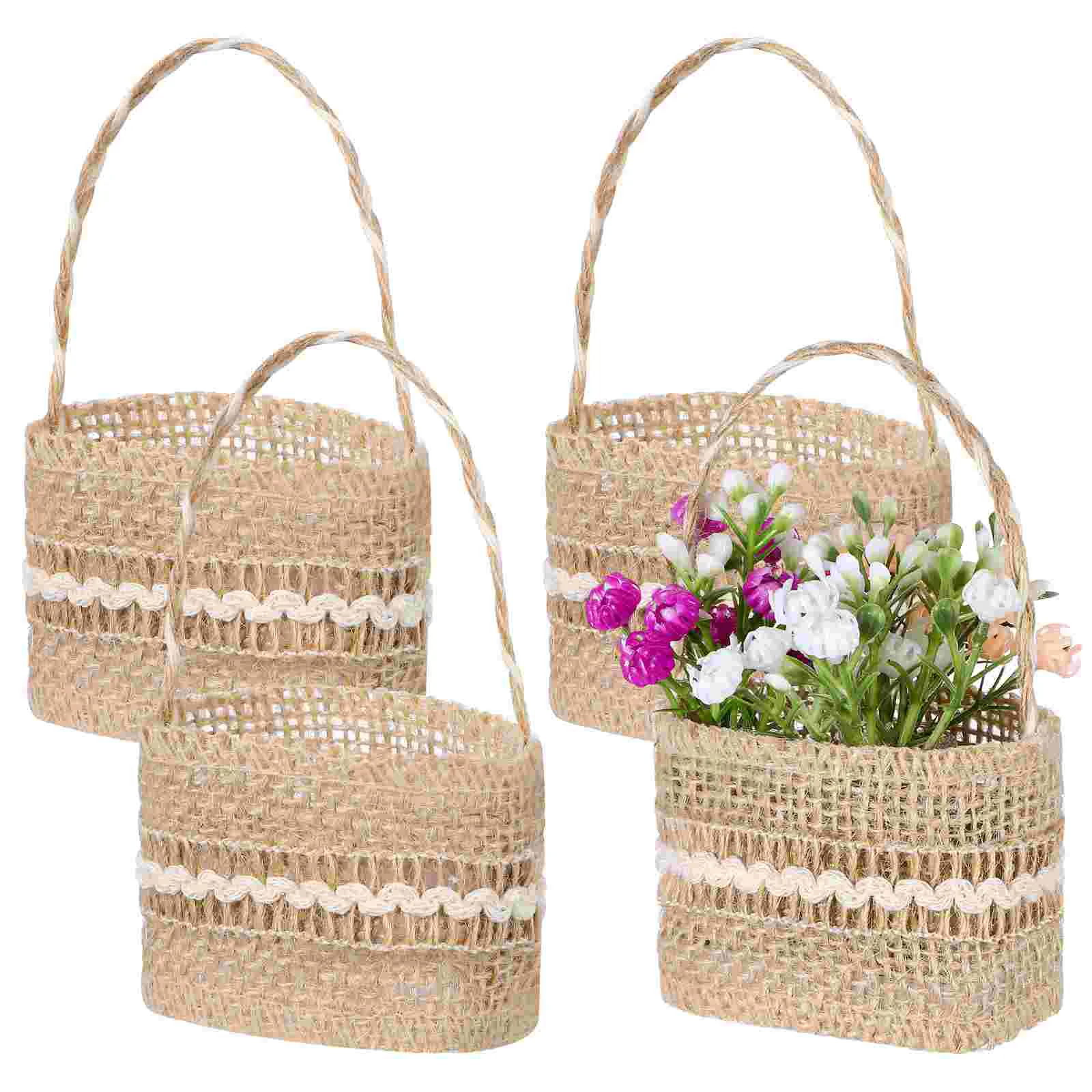 

4 Pcs Wedding Decorations Burlap Candy Basket Linen Flower Girl Storage Banquet