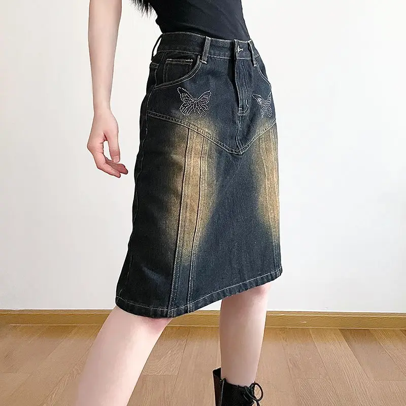 Rok Denim kupu-kupu berlian populer Antik biru lurus wanita Amerika Retro estetika Chic kargo rok Tengah Y2K Streetwear rok