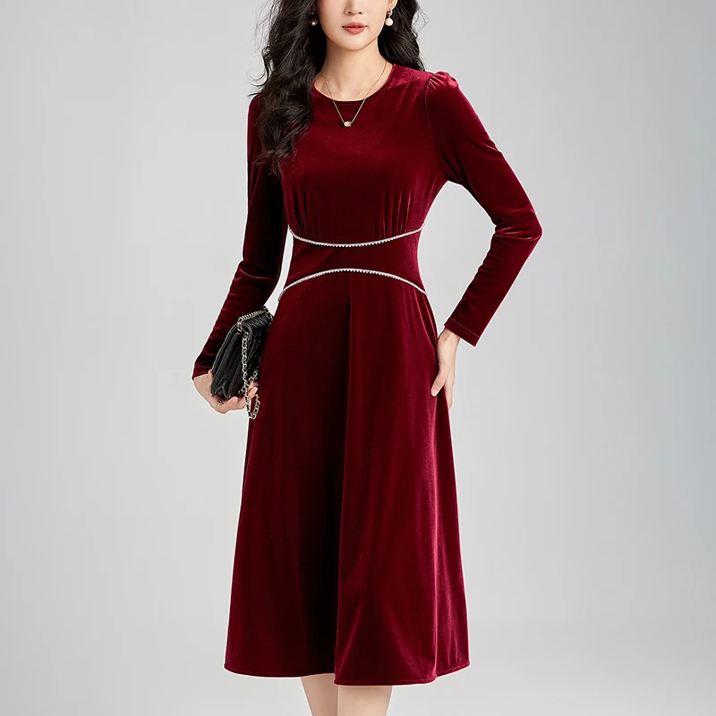 

Elegant Party Dresses For Women Diamonds High Waist Long Sleeve Women's Long Sleeve A-line Solid Woman Vintage Velvet Dress