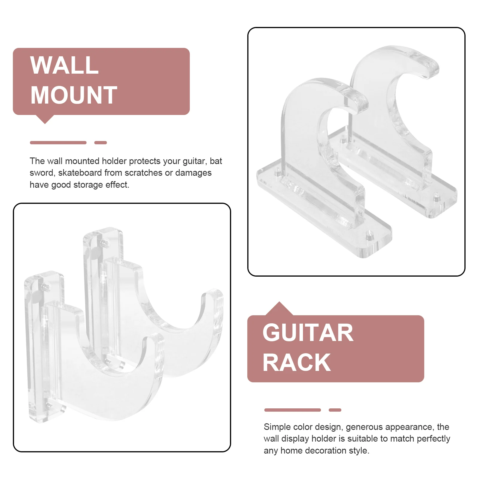 2 pçs suporte de flauta multifuncional guitarra skate montagem na parede 2 pçs (transparente 1 par) display ukulele acrílico espada titular