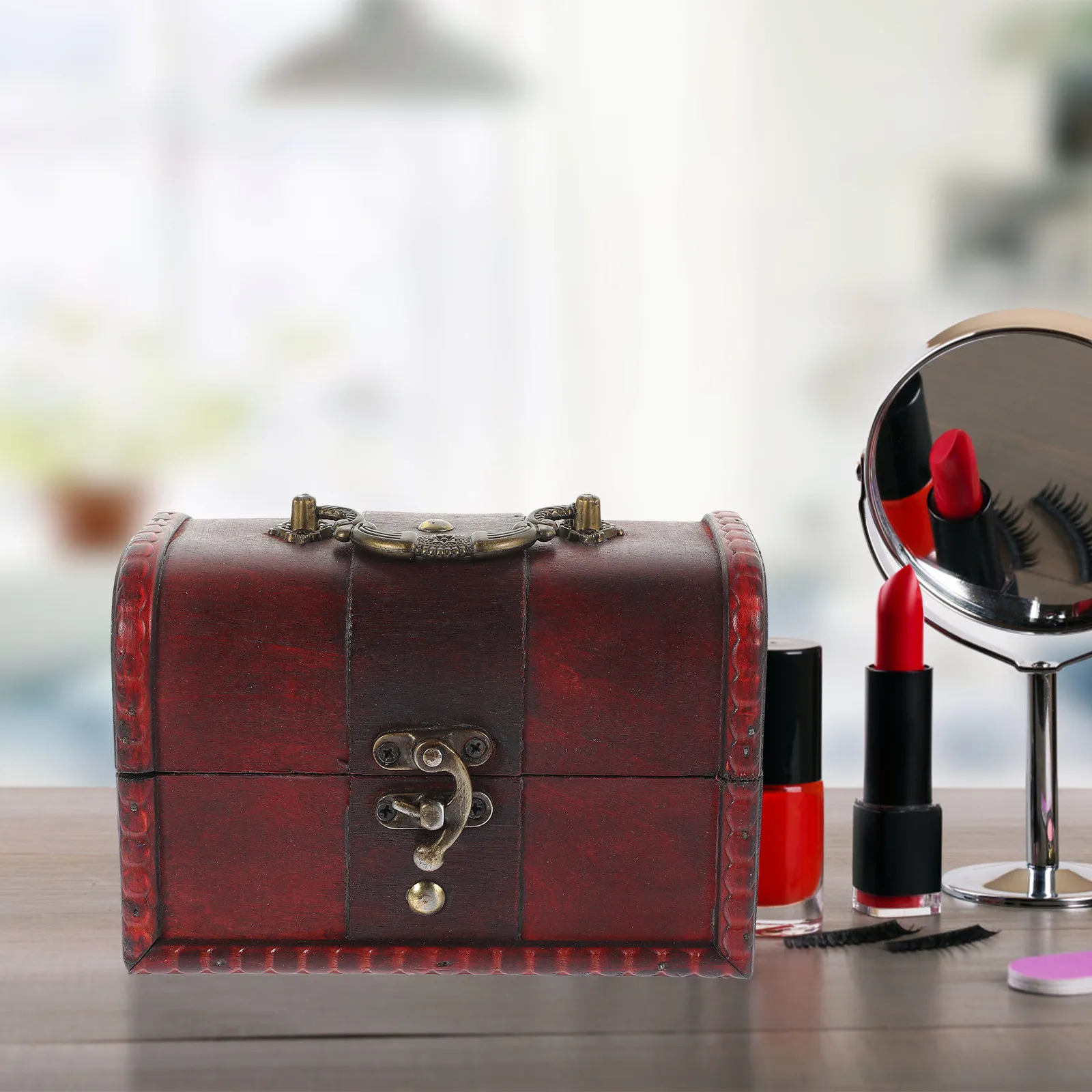 Red Vintage Wooden Jewelry Box Treasure Chest for Rings Earrings Necklaces Bracelets Retro Trinket Storage Case Pirate
