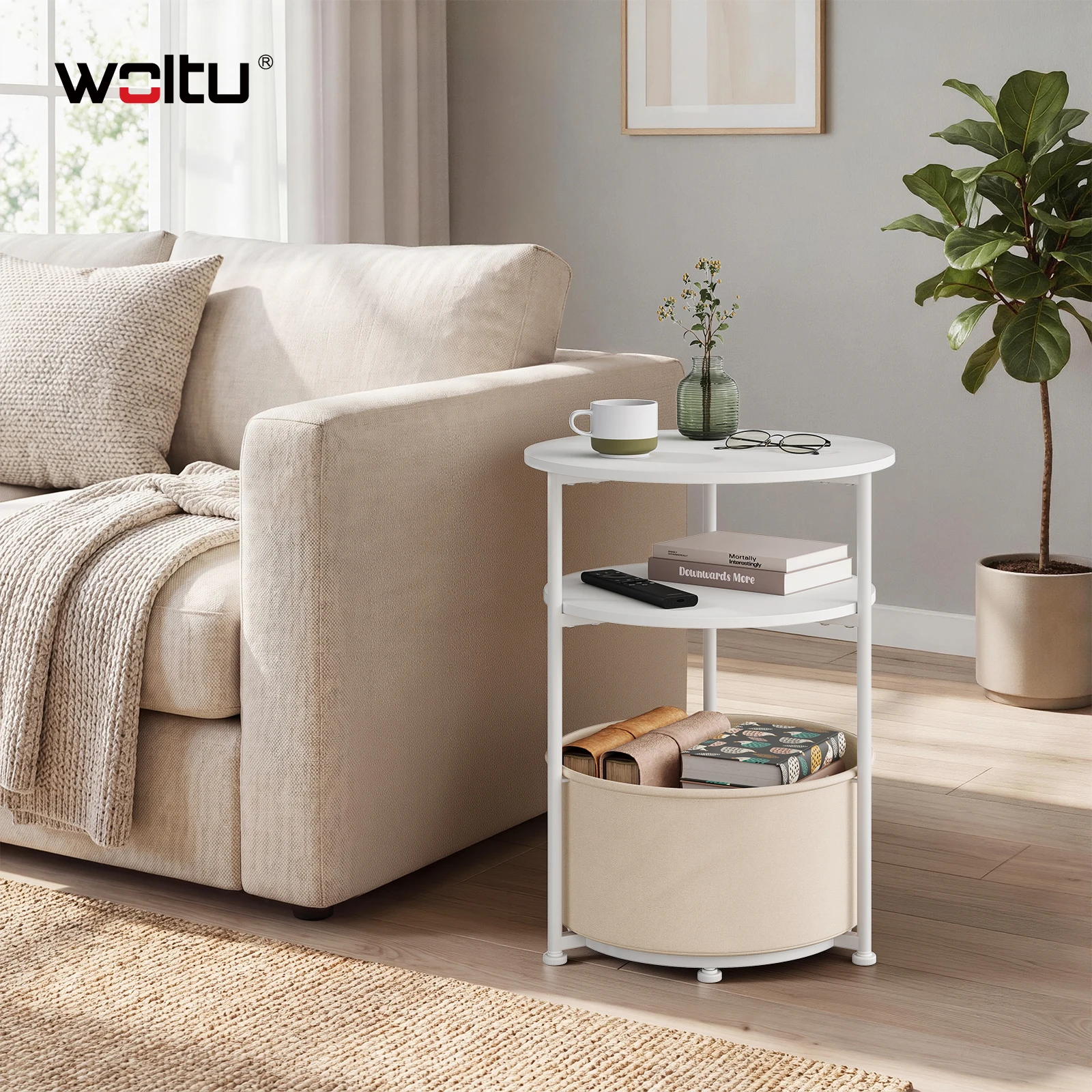 WOLTU Table d'appoint ronde avec panier en tissu amovible et structure en métal, table basse peu encombrante pour canapé, salon, chambre à coucher