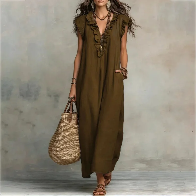 Summer Fashion Ruffled V-neck Cotton And Linen Women's Dress Casual Bohemian with Flying Sleeve Loose Pocket Female Dress
