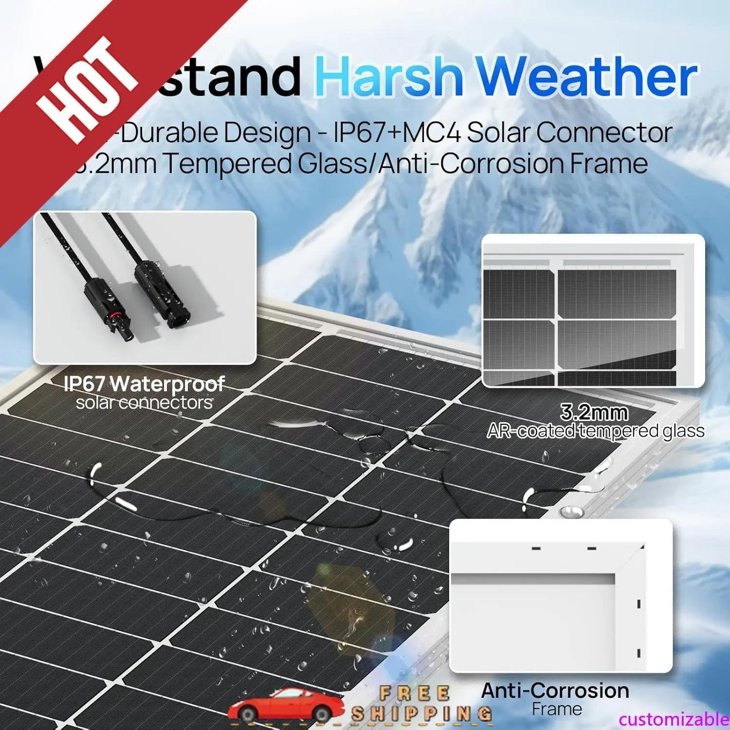 

Customizable 400W Solar Panels 4pcs 100 Watt 18V Monocrystalline Solar Panel Module for Off Grid PV Power for Home, C