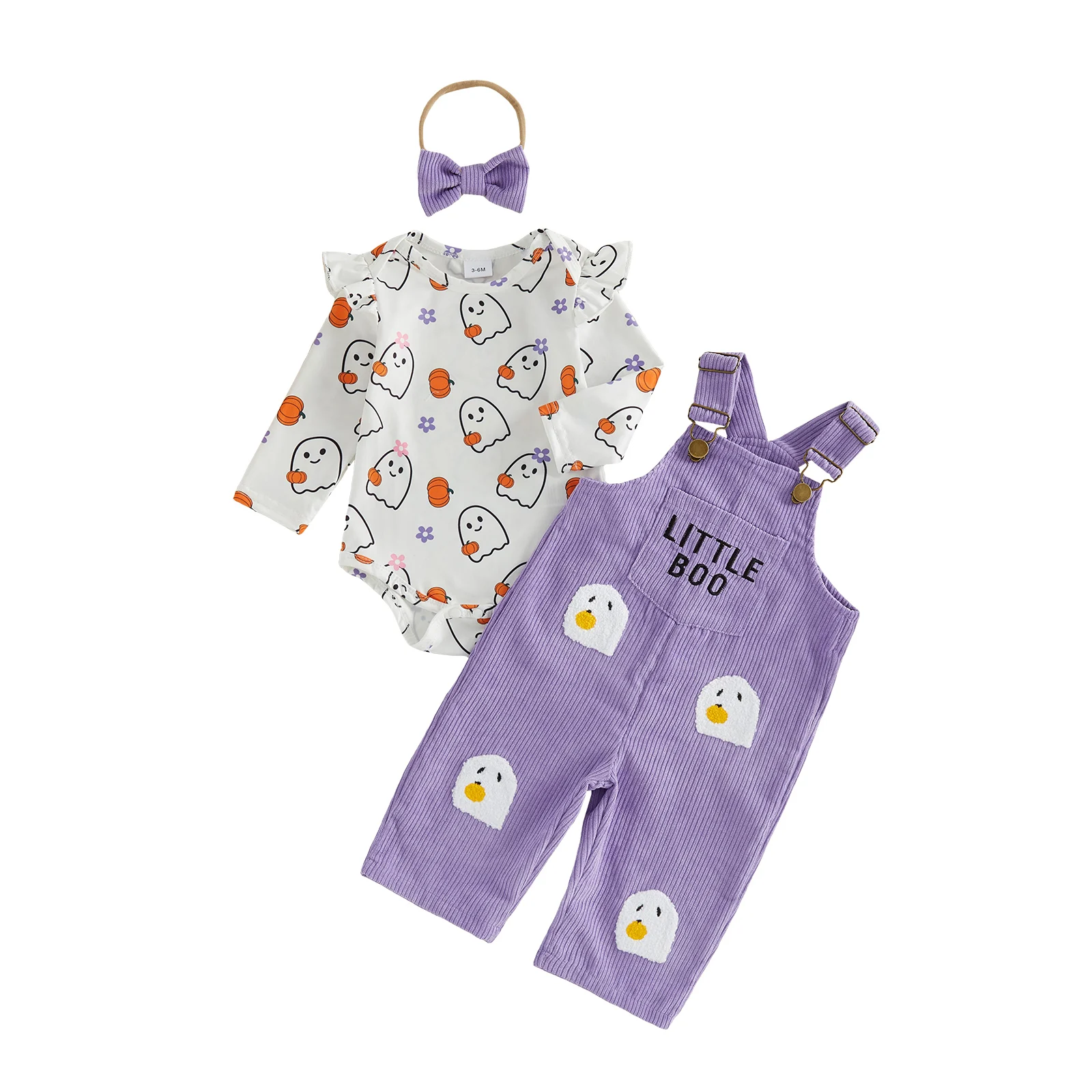 Early Autumn Toddler Baby Girl Halloween Outfit Fashion Stripe Romper Embroidery Overalls Headband Baby's Sets