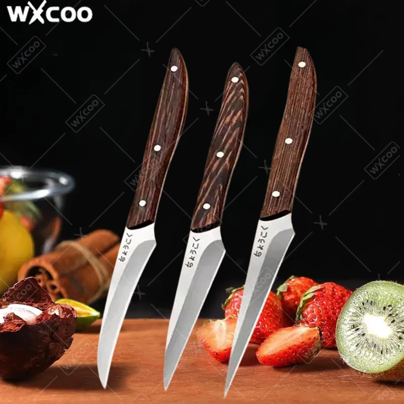 

3pcs Stainless Steel Food Carving Knife Kitchen Fruit Peeling Utility Knife Wood Handle Professional Chef's Carving Knife