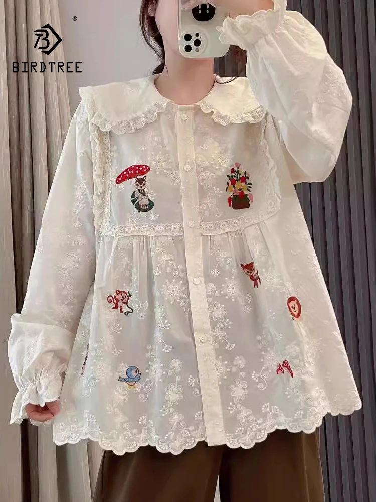 

New Spring Cotton Linen Solid Shirt Women Lapel Girl Long Sleeve Tops Embroidery Literary Sweet Cute Blouse 2024 Autumn T43702QC