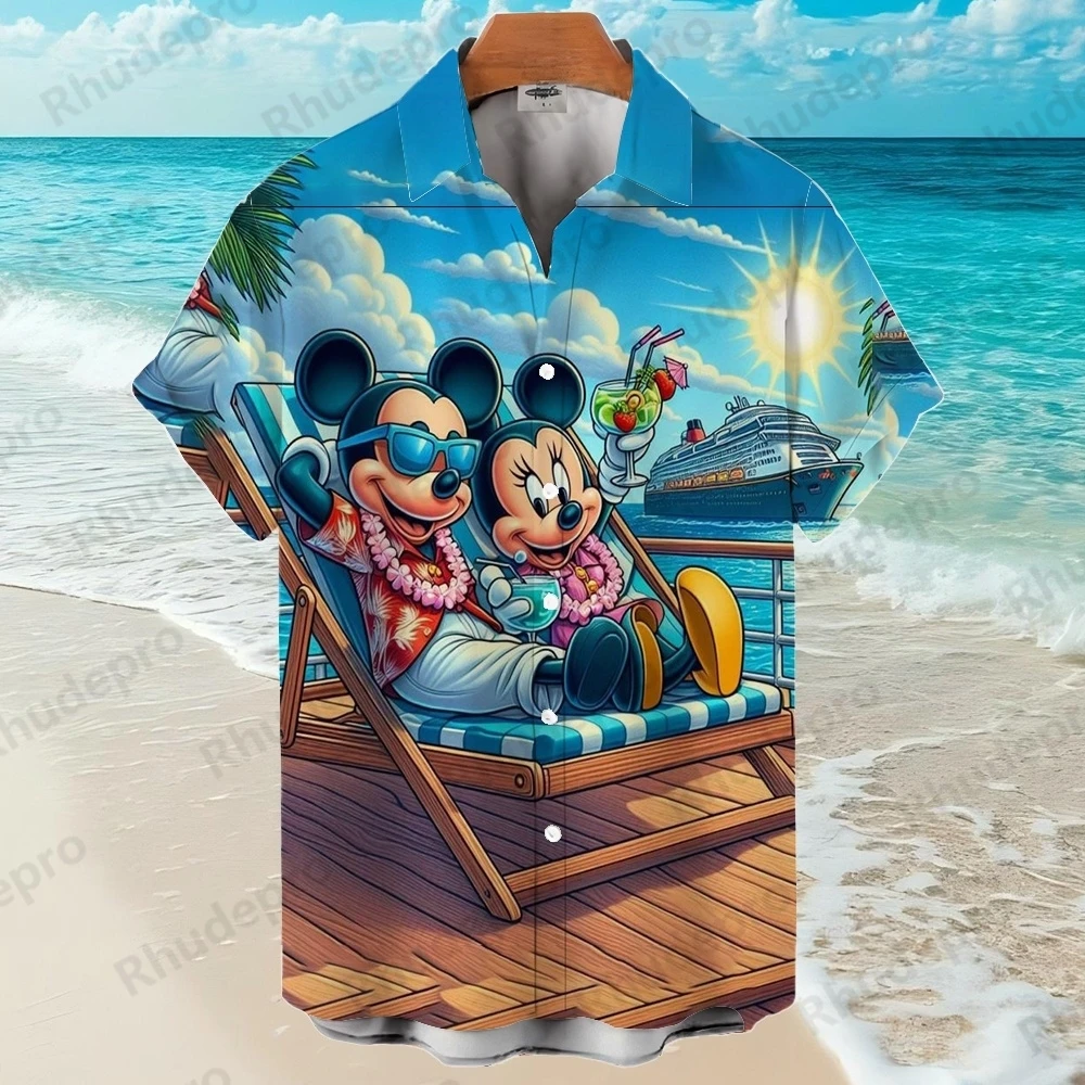 Disney Collection Icoon Cartoon Hawaiiaans overhemd Heren Knop 2025, Mickey Mouse Mode Strand Korte mouw Kraag Nieuwe zomer