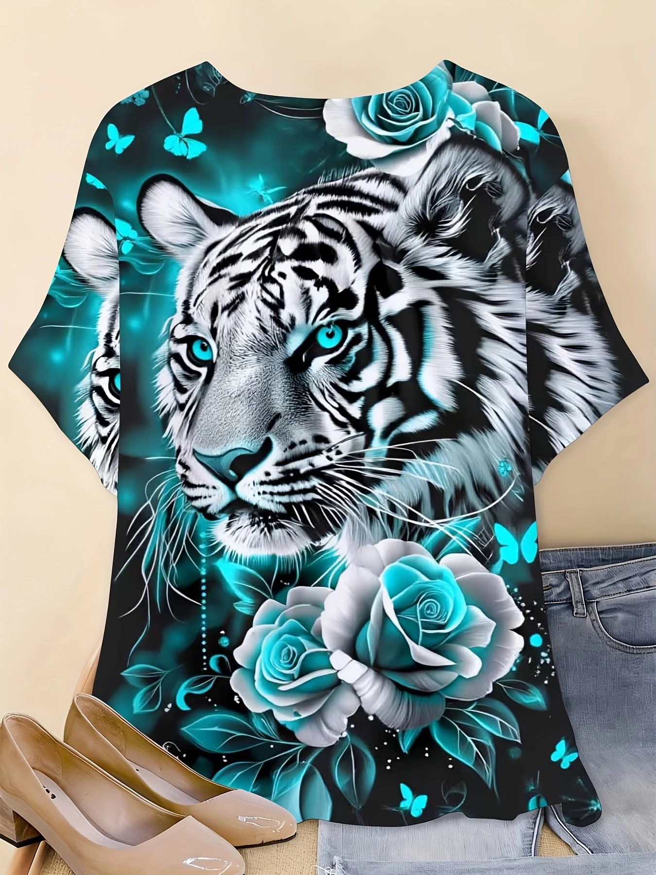 Women Crew Neck Short Sleeve T‑Shirt, White Tiger With Cyan Rose Butterfly Animal Floral Graphic Casual Tee