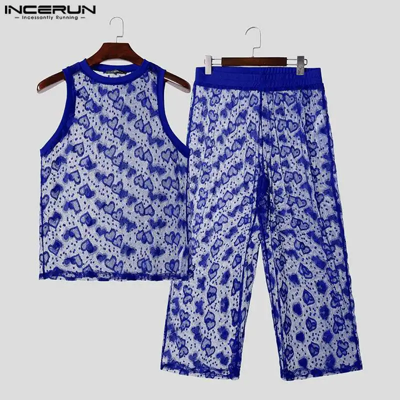 INCERUN Men Sets Mesh Transparent Printing O-neck Sleeveless Tank Tops & Pants 2PCS Streetwear 2024 Sexy Fashion Men Suits S-5XL