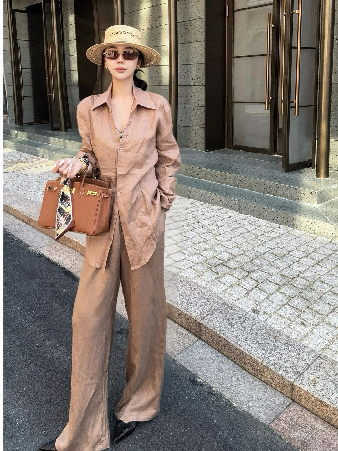 Retro Brown Linen Cotton Shirt Set Women's Summer High Waist Wide Leg Pants Two-Piece Casual Fashion Ensemble for Various Occ...