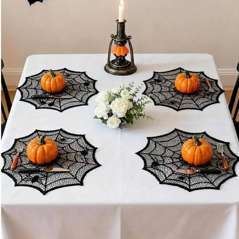 Decorative 30cm Spider Web Placemats Hollow Out Heat Insulation Halloween Placemats Polyester Cup Plate Mats Halloween Party