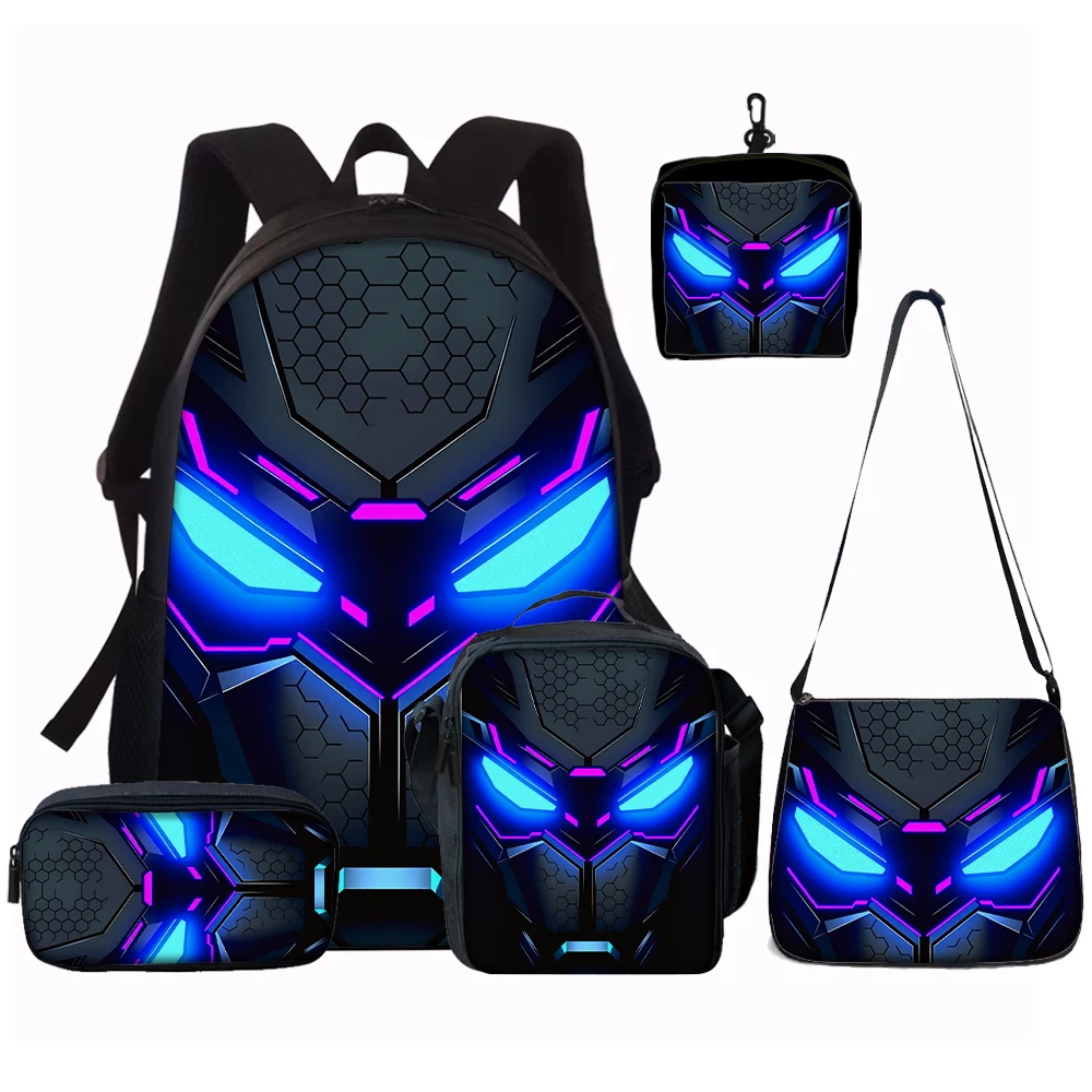 Cyberpunk robot pattern backpack front view ultra lightweight polyester