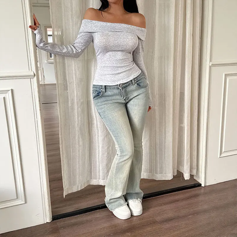 Women's French - Style One - Shoulder Top: Autumn Slim - Fitting Textured Long - Sleeved Knitted Base Shirt LD800109