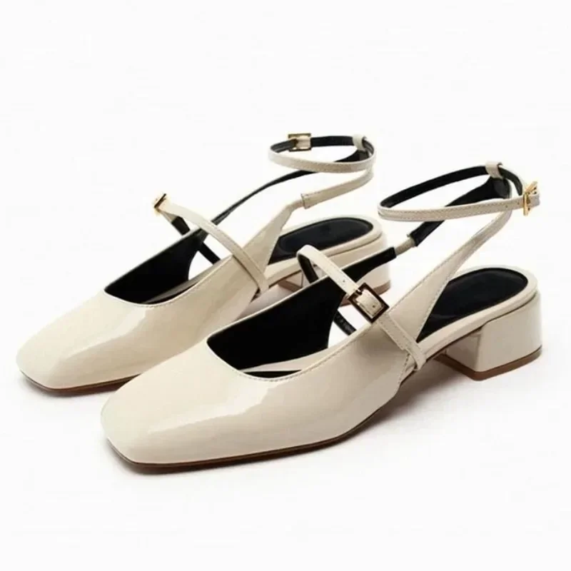 

Mid Heels Office Lady Mary Jane Shoes Retro Patent Leather Square Head Slingbacks Fashion Ankle Strap Ladies Heel Pumps