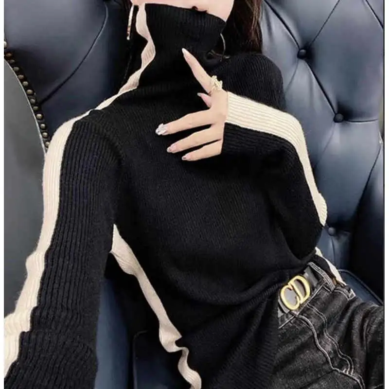 Autumn and Winter Women\'s Pullover High Neck Long Sleeve Contrast Stripe Shirring Slim Fit Fashion Casual Knit Bottom Tops