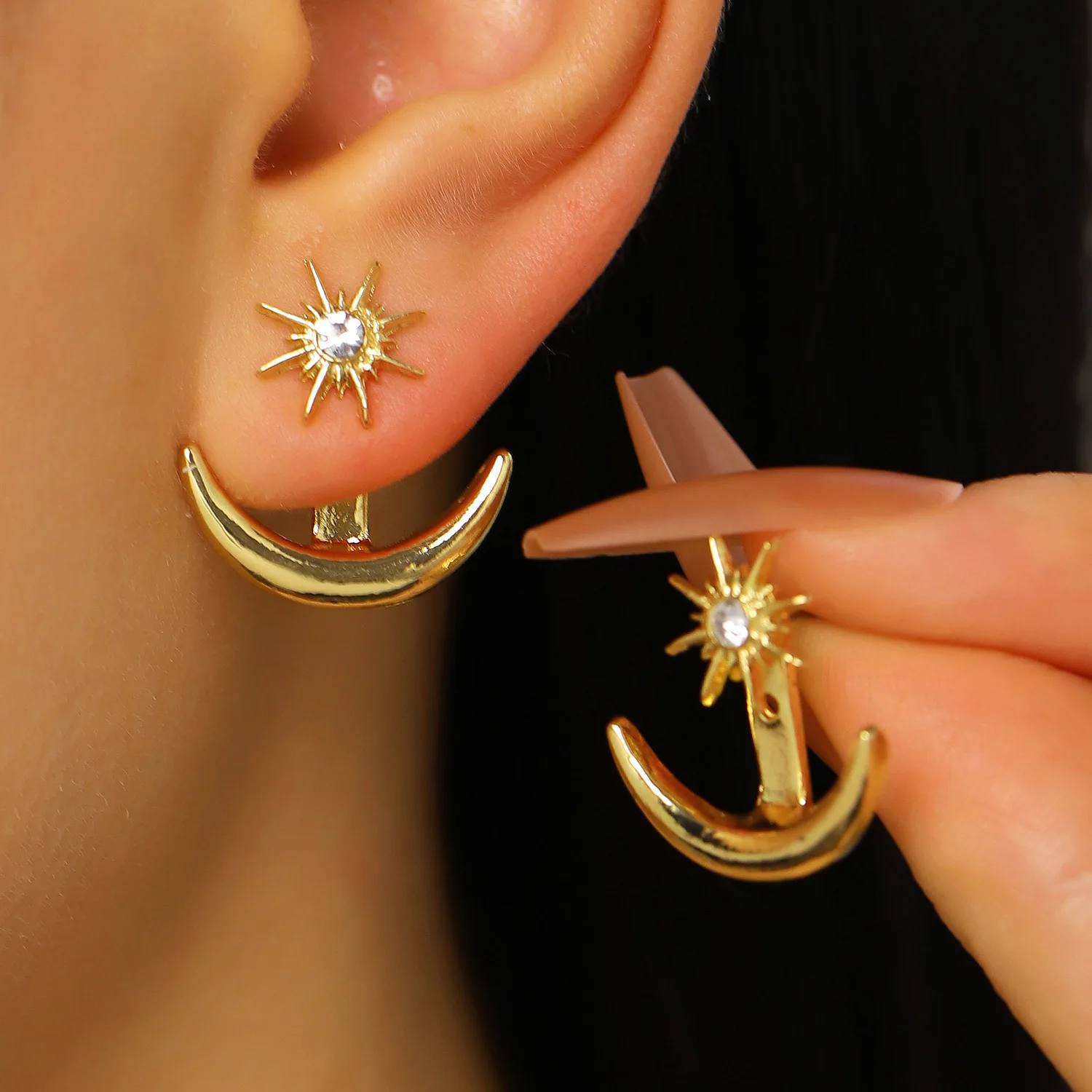 Reversible Crystal Sun and Moon Stud Earring Celestial Front-Back Earrings for Women Versatile 2-in-1 Celestial Ear Jewelry Gift