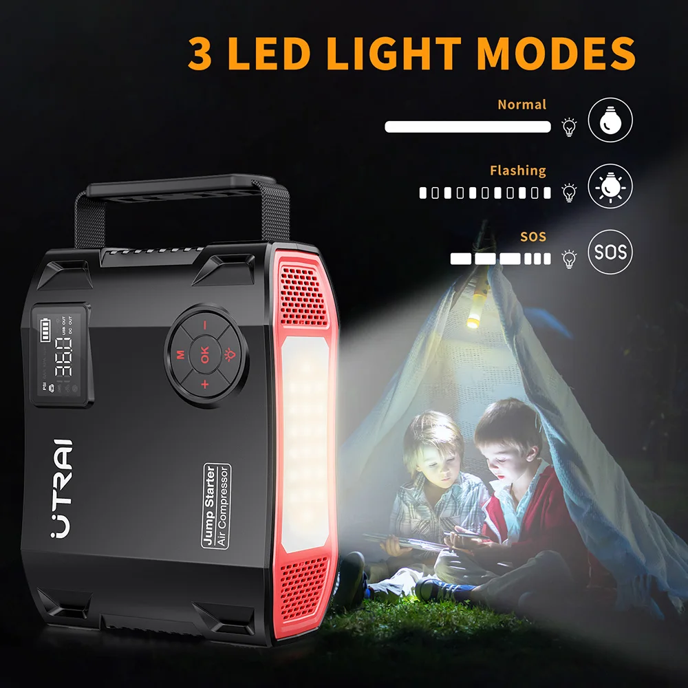 UTRAI – compresseur d\'air LED sans fil, 150psi, 2000a, pour vélo, voiture, batterie externe, gonfleur de pneus