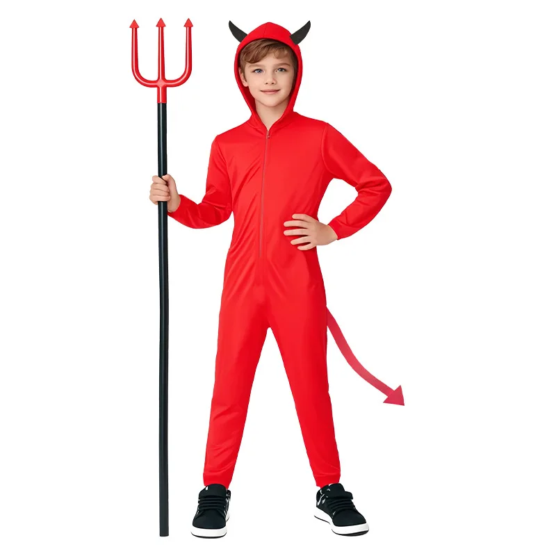 Red Devil Halloween Costume Boys Girls Hooded Jumpsuit with Horns Tail Trident Prop, Girl Style Comes with Devil Wings Carnival