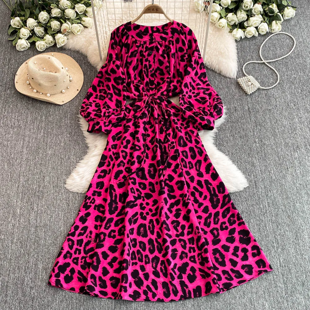 

Fashion Women Leopard Print Dress Long Sleeve Round Neck Lace-Up A-Line Long Dress Spring Casual Loose Dresses