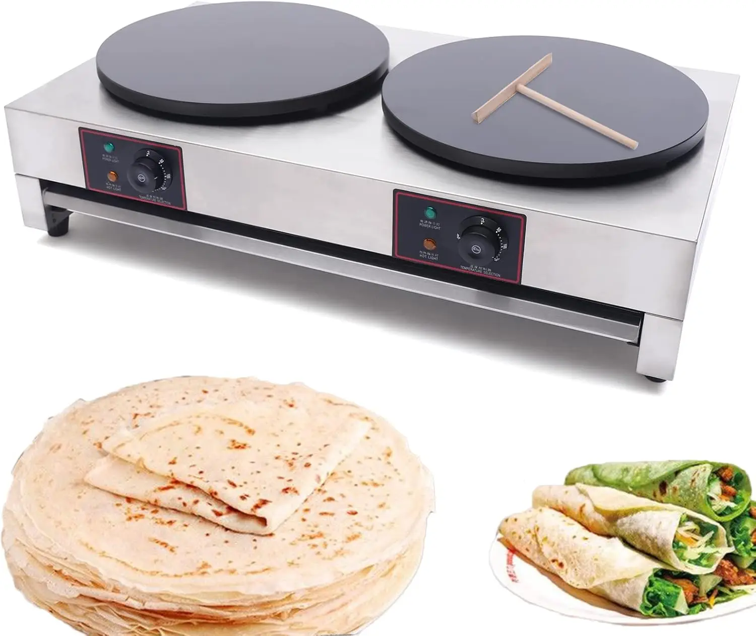 Crepe Maker, 3400W Commercial Electric Crepe Maker Double Hotplate Pancake Machine, Non-Stick Electric Crepe Pan w/Temperature C