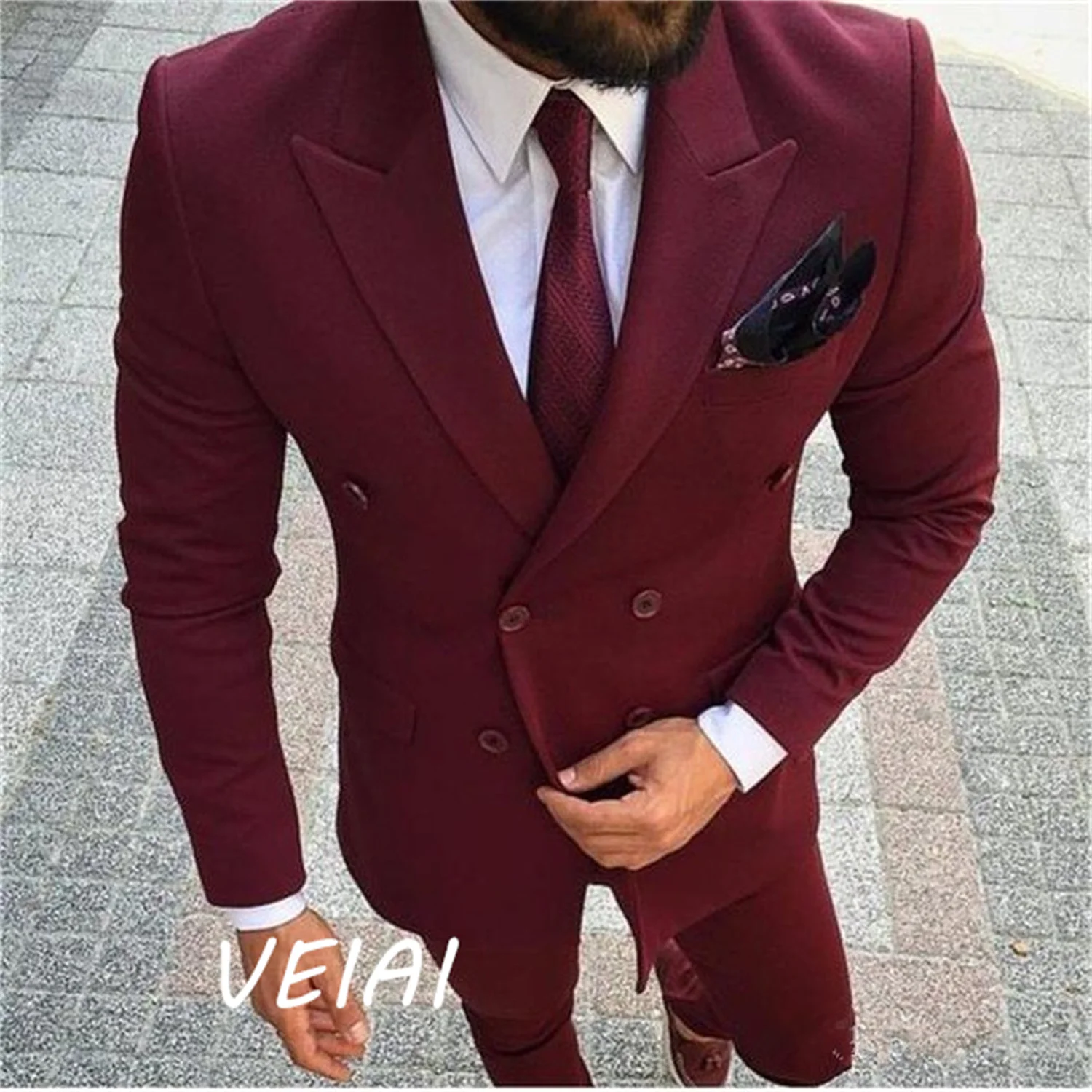 

CustomizedMen Suits Burgundy Wine Red Double Breasted Blazer Groom Tuxedo Wedding Suits Slim Fit Fashion Terno Masculino (Jacket