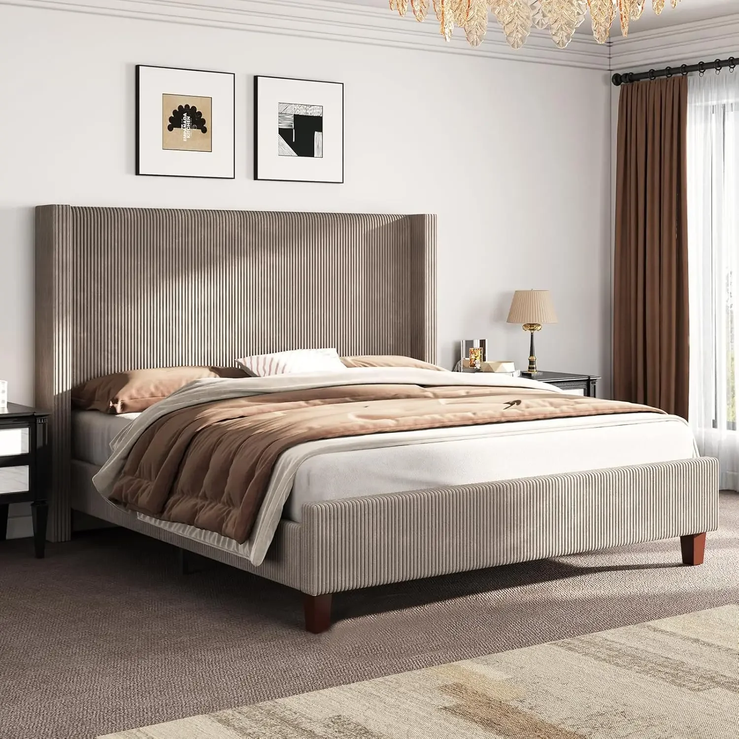 Queen Size Upholstered Bed Frame with Headboard, Wingback Platform Bed with Solid Wood Legs