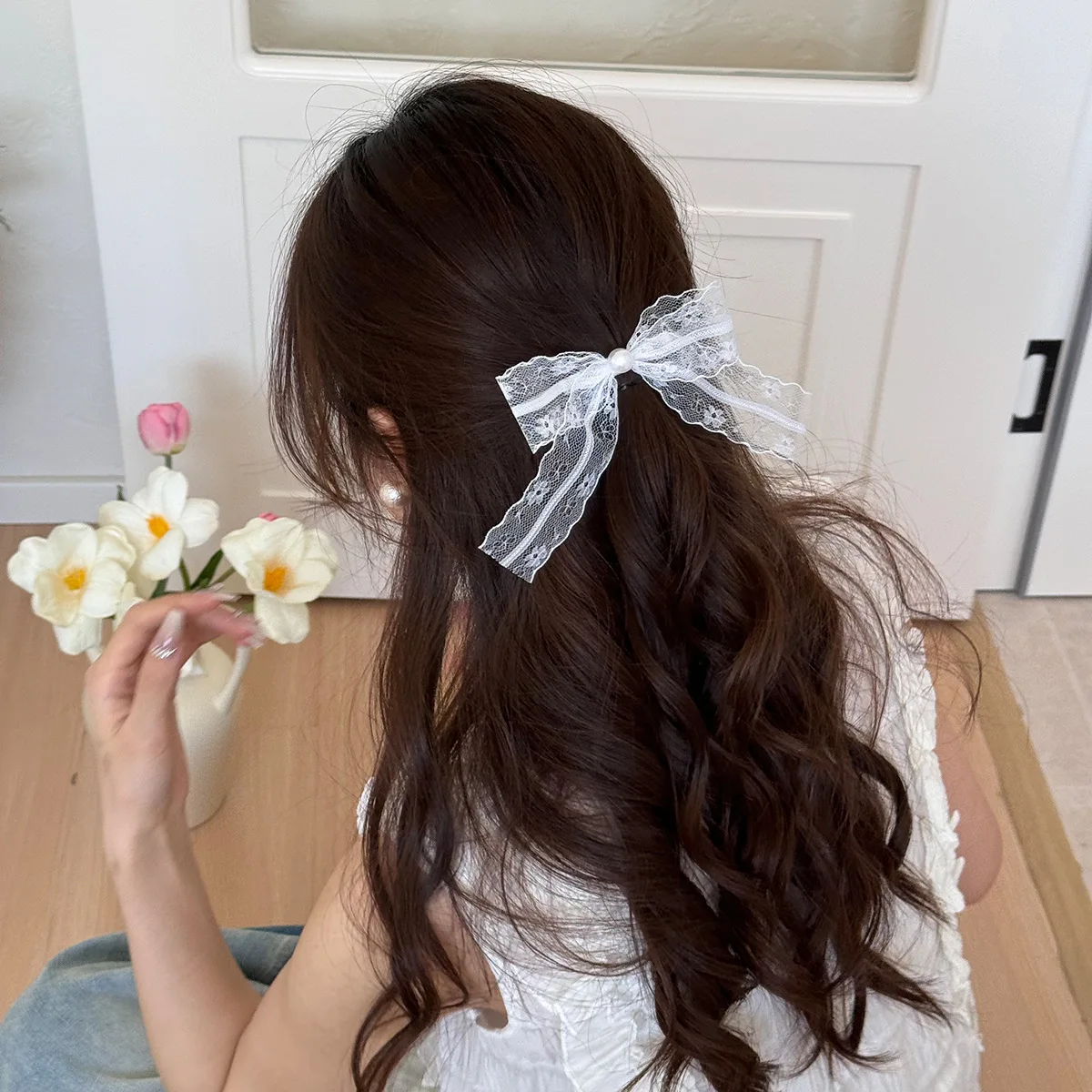 French Pearl Lace Bow hairpin เป็ดคลิปริบบิ้นหางม้าคู่คู่คลิปเจ้าหญิง hairpin คลิปขอบคลิปอุปกรณ์เสริมผม