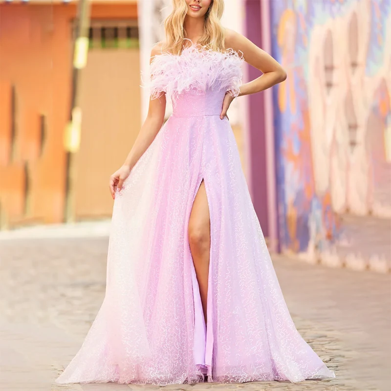 

Pink Strapless Formal Evening Dresses вечернее платье Women Feather Decoration A-Line Tulle Side Slit Party Dress/Dress For Gala