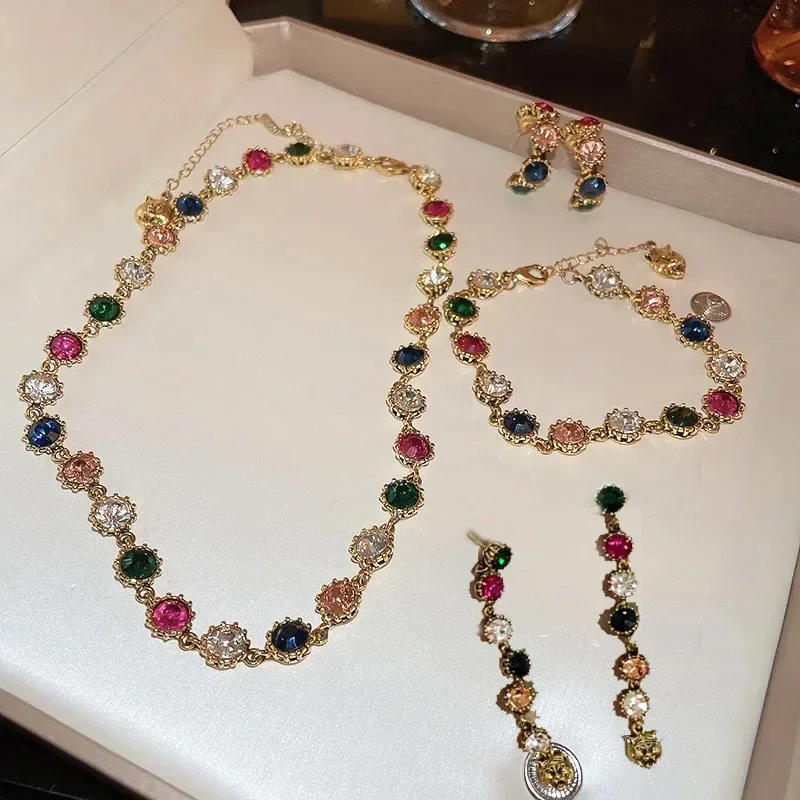 Colorful Crystal Bracelets Necklace Earrings set Vintage Jewelry Set