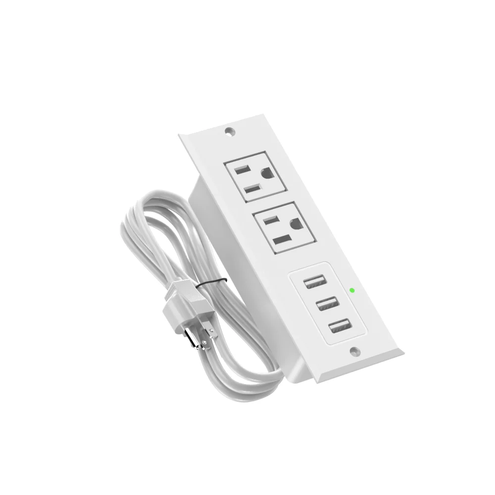 Recessed Power Strip with 2 AC Outlets 3 USB-A Ports (5V 2.1A) LED Indicator1.5M Extension Cord for Home