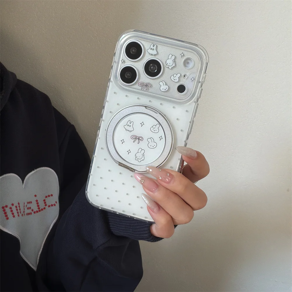 

Cute Miffy Rabbit Bear with Rotate Stand Phone Case for iPhone 17 16 Pro Max 14 13 15 Pro Funda Korean Polka Dot Cartoon Cases