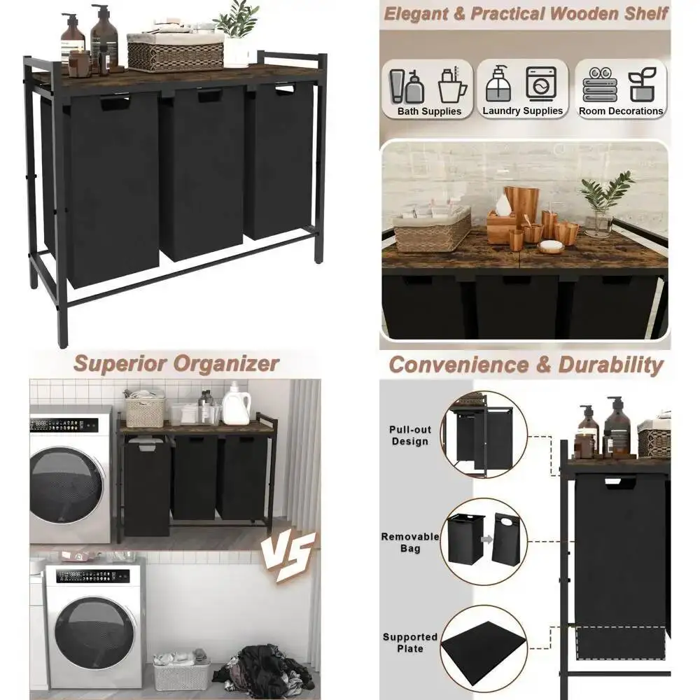 

10-Cubic Foot Triple-Compartment Laundry Hamper With Removable Sorting Bins For Efficient Clothing Organization