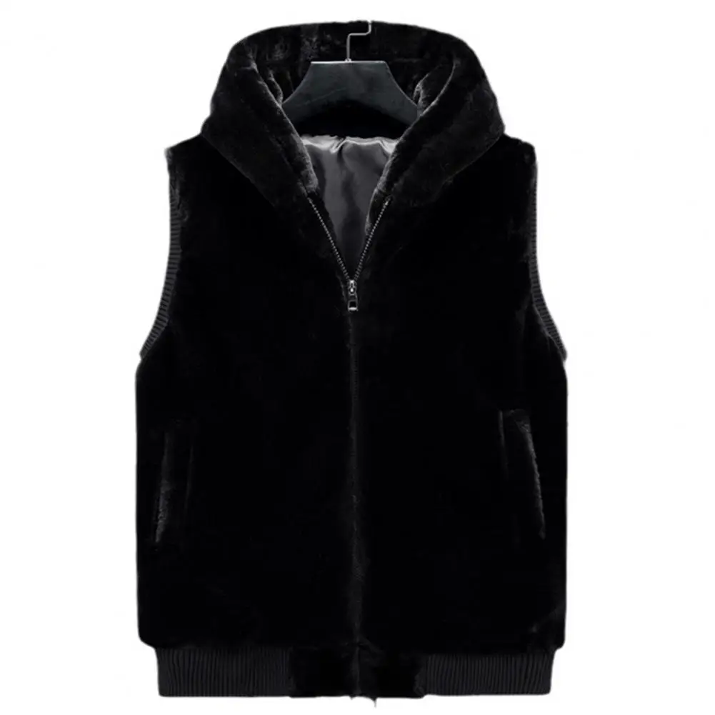 Soft Stretchy Vest Men's Winter Vest with Faux Fur Hood Zipper Closure Plush Sleeveless Coat with Pockets Plus Size Soft for Mid