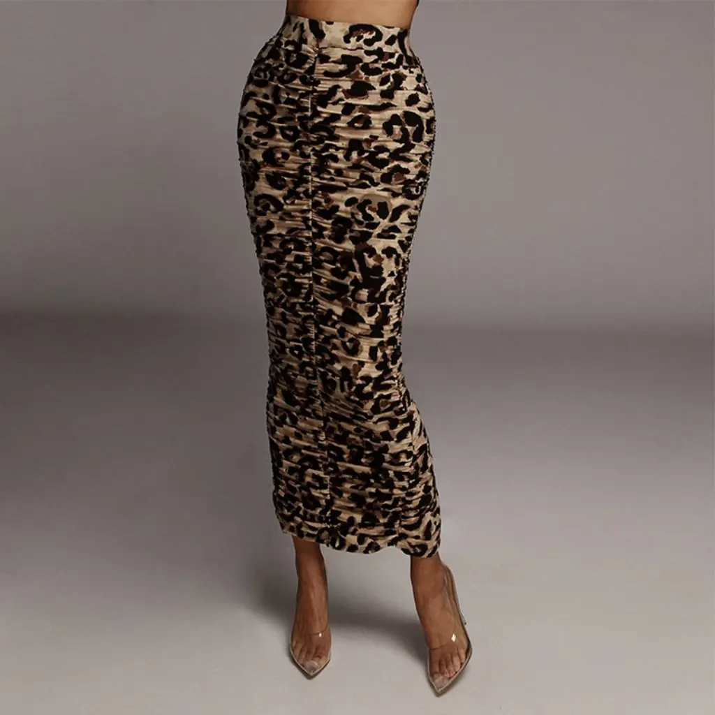 

High Waist Leopard Print Skirt for Women Spring Summer Fashion Sexy Tight Pleated Split Long Skirt European American Style