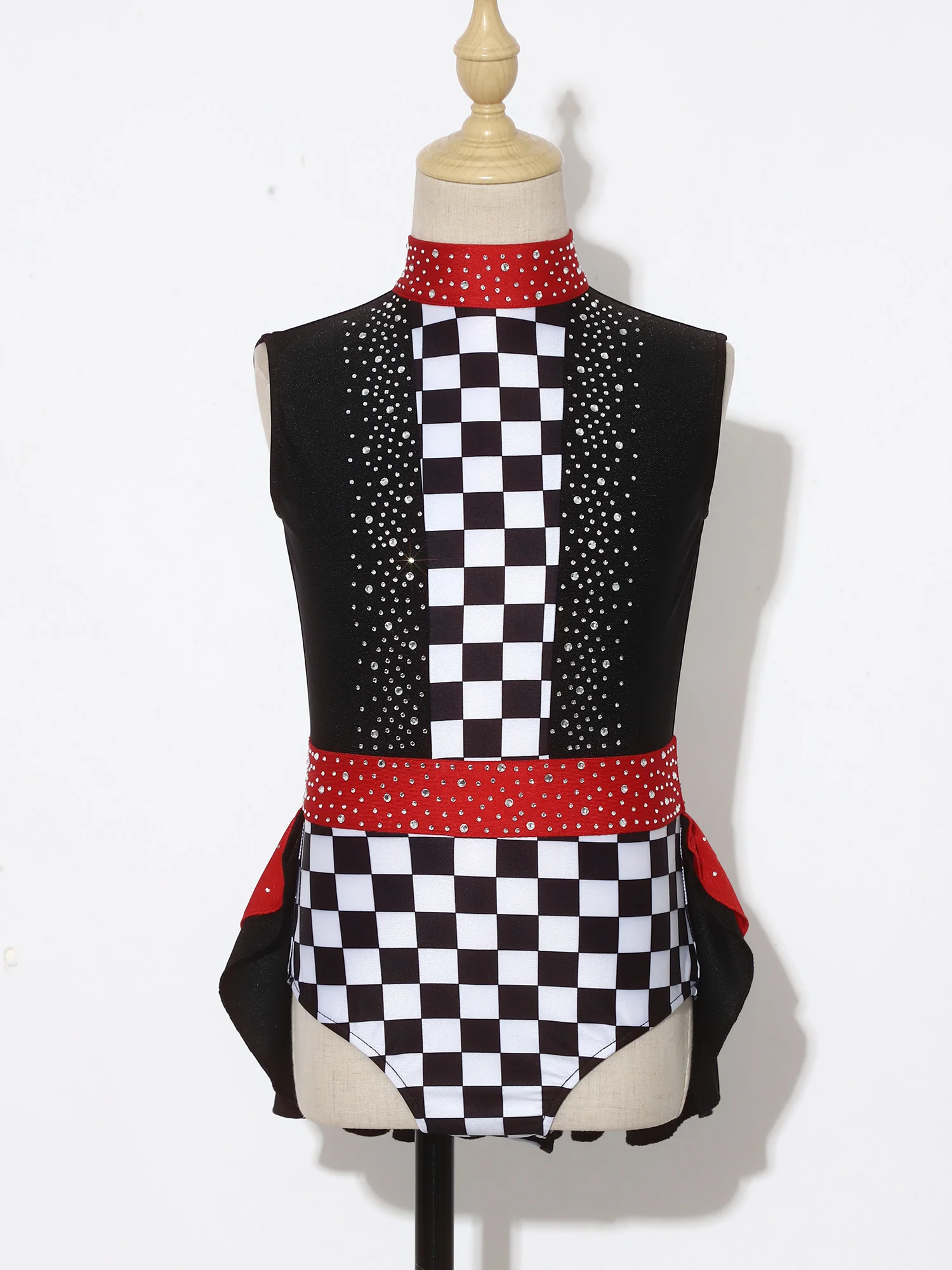 

Girls Shiny Rhinestone Plaid Ice Skating Dance Leotard Sleeveless Back Cutout Ruffle Overlay Stretchy Sparkly Show Competition