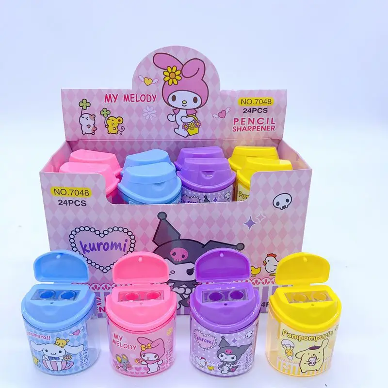 Sanrio-Sacapuntas de 24 piezas, Hello Kitty, Kuromi, Cinnamoroll, My Melody, papelería para estudiantes, suministros escolares para niños, venta al