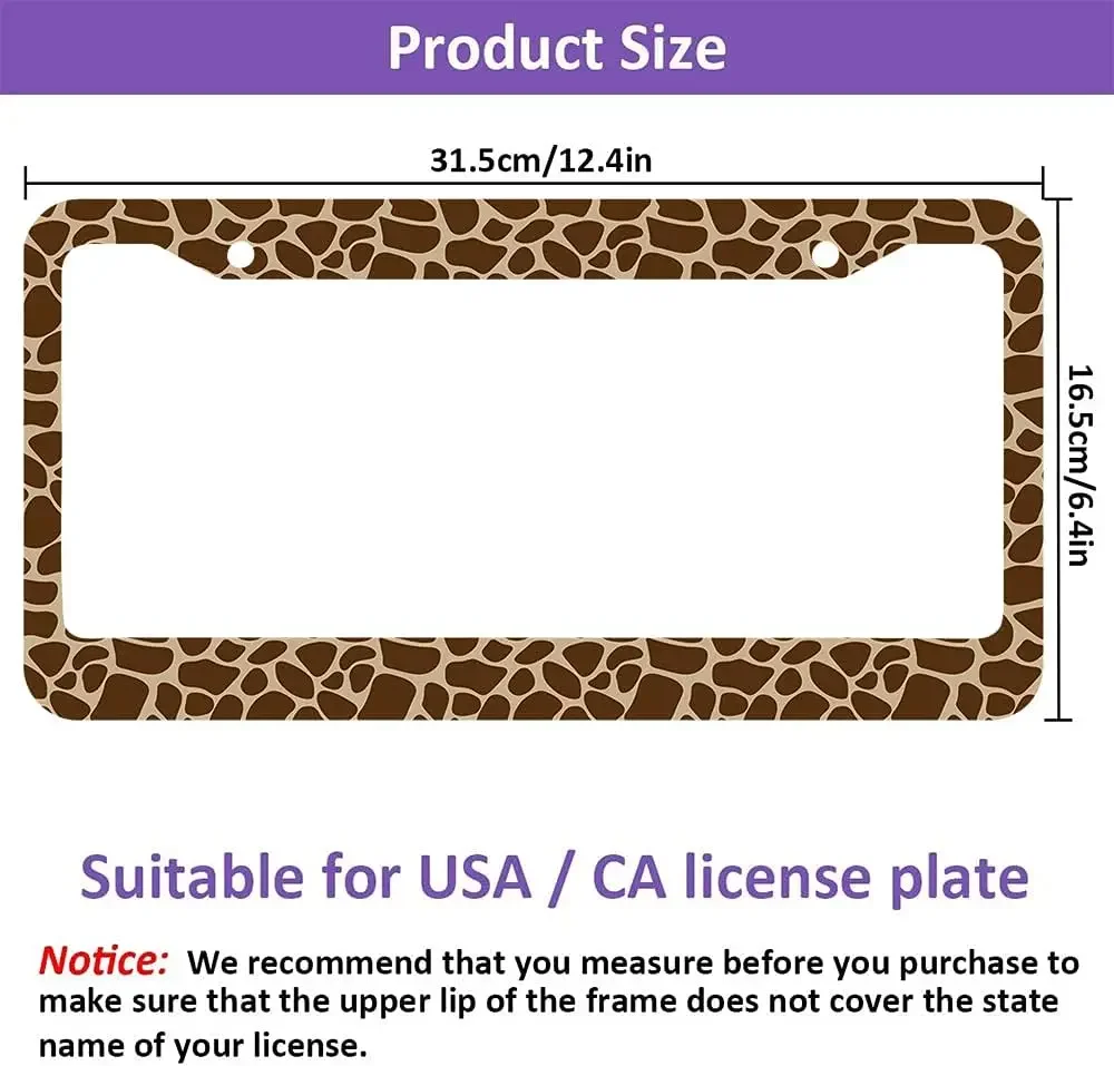 Brown Giraffe Printing License Plate Frames Cute Animal License Plates Frame 2 Holes Car Tag Frame for US Men Women Vehicles