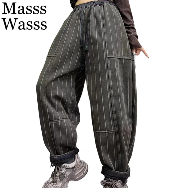 

Masss Wasss Winter Jeans Womens Vintage Printed Fur Warm Denim Pants Ladies Casual Floral Loose Fashion Thicken Classic Trousers