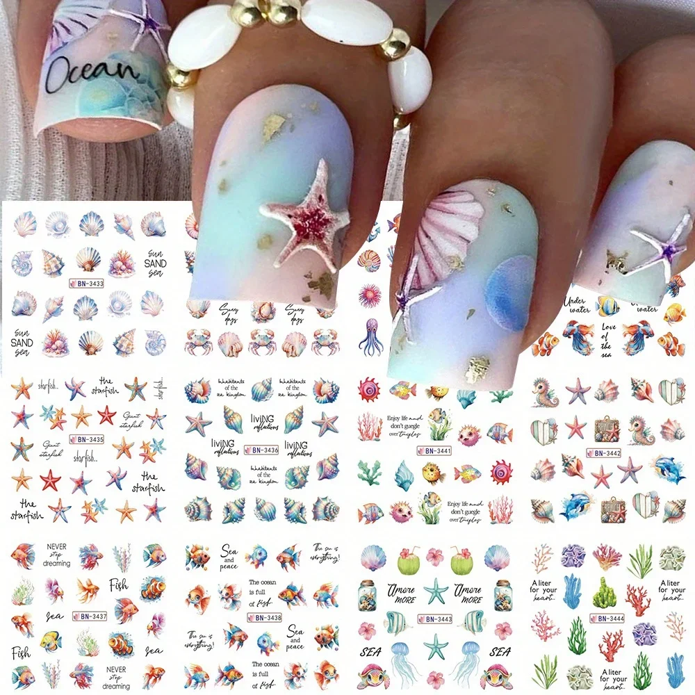 Pegatinas de decoración de uñas de océano, calcomanías de transferencia de agua, 12 diseños, concha, estrella, pez, caballito de mar, medusas, algas, marca de agua, decoración deslizante
