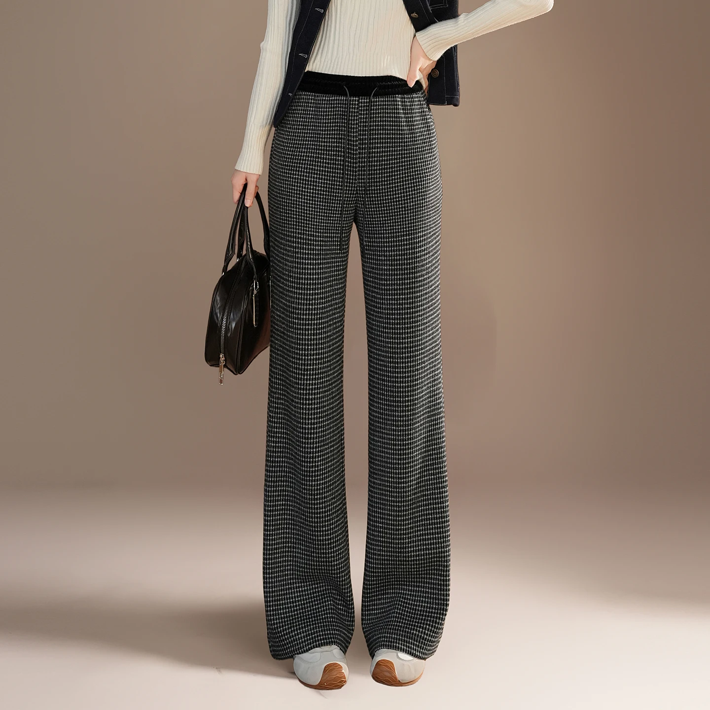 

Утепленные шерстяные брюки в клетку с микро-клешем, женские повседневные брюки с высокой талией, осенне-зимние, стройнящие, в пол