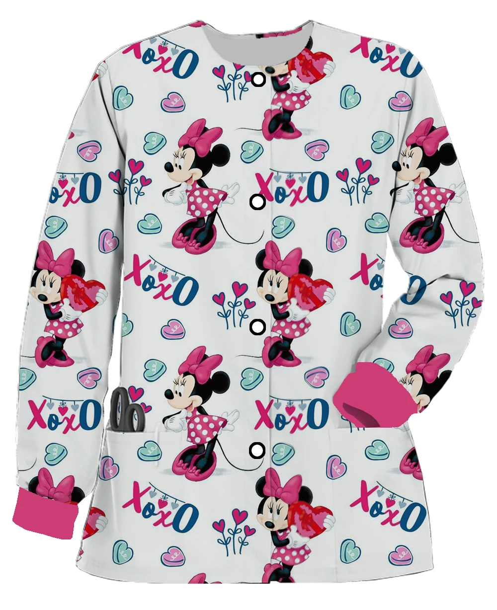 Women's Spring and Autumn Button Long Sleeve Nurse Uniform Disney Mickey Minnie Print Jacket New Doctor Work Uniform