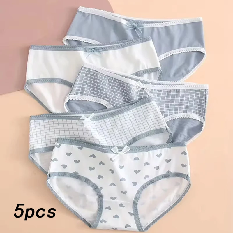 5pcs Heart Plaid Print Briefs Comfy Cute Bow Intimates Panties Women\'s Lingerie Underwear