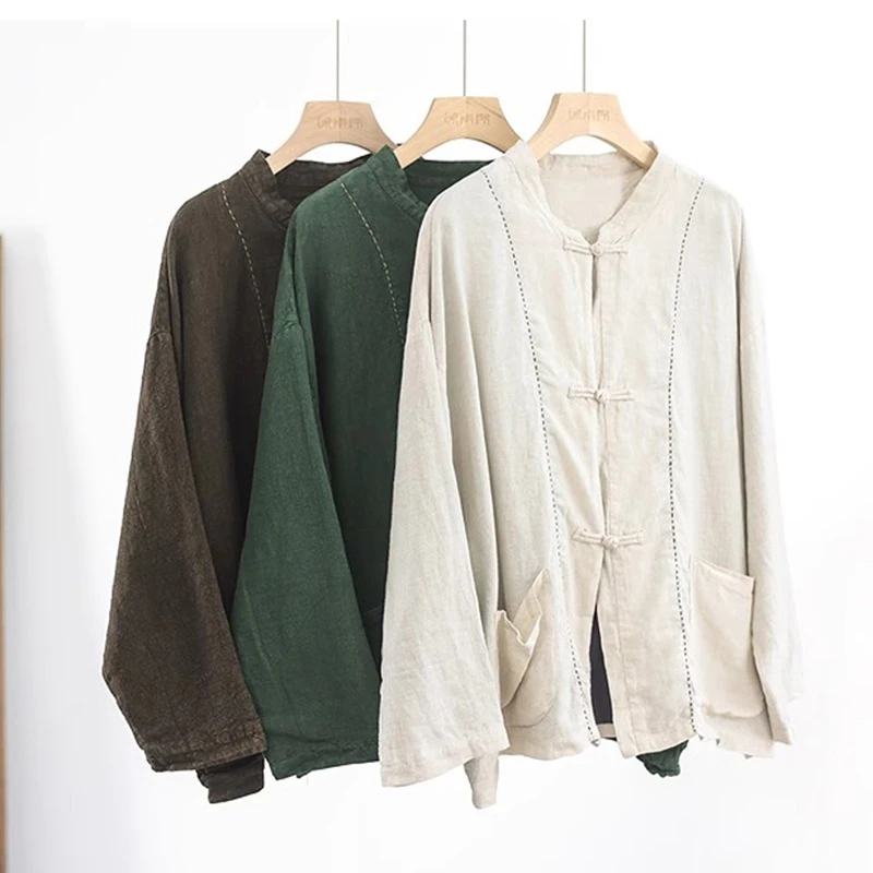 중국 스타일 여성 긴팔 린넨 셔츠 신상 2025 가을 빈티지 스탠드 칼라 루즈핏 여성 캐주얼 탑 셔츠 T699