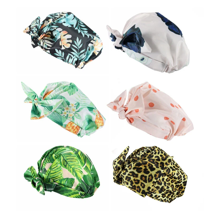 Waterproof Shower Cap Elastic Bow Print Flower Nightcap Women Satin Hair Bonnet Silk Sleeping Cap Bathroom Accessories Supplies