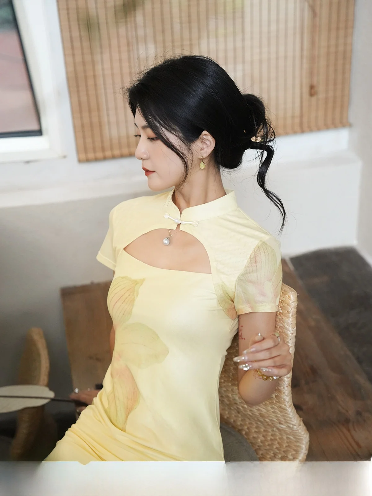

New Chinese Sle Printed Me Dr Small Stand Collar Elastici Net Gauze Qipao Dr High Waist Slim Fit Summer Long Dr